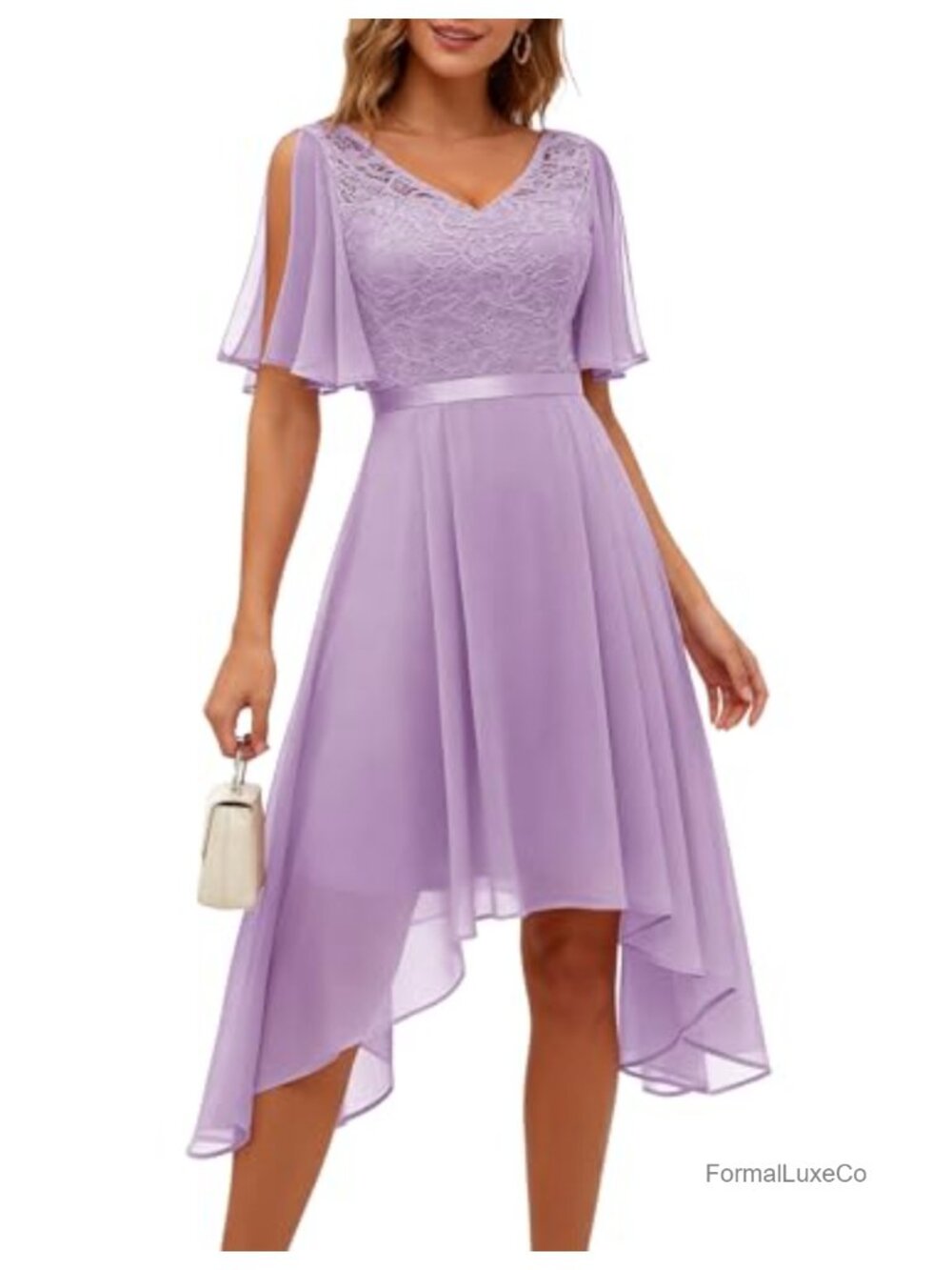 Womens Formal Lace Chiffon High-Low Cocktail Dress